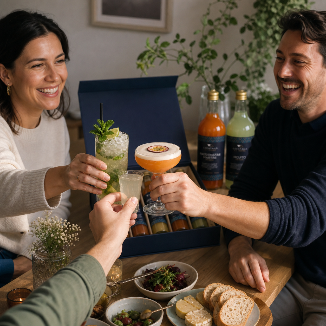 Friends raising different cocktails around a dinner table