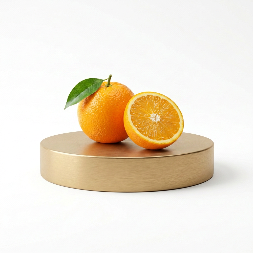 Fresh orange on a gold plinth