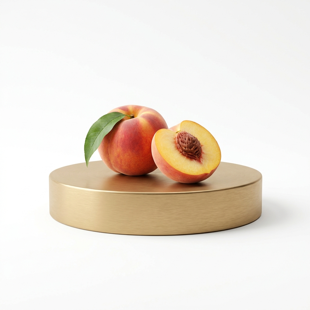 Ripe peach on a gold plinth