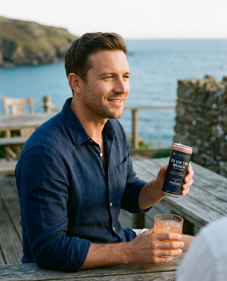 Man holding an Ex on the Beach cocktail can and a served drink on a coastal terrace