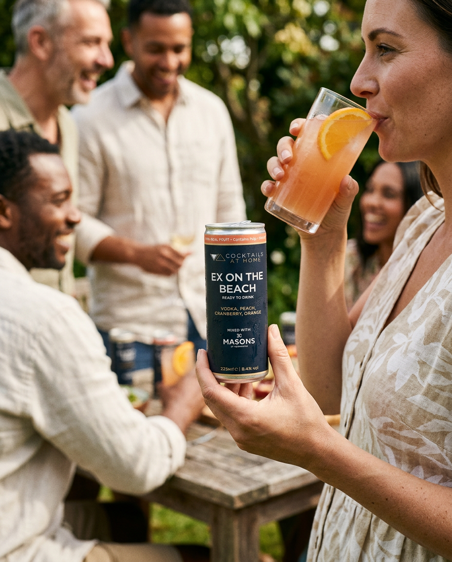 Woman enjoying an Ex on the Beach cocktail while holding the can in a garden