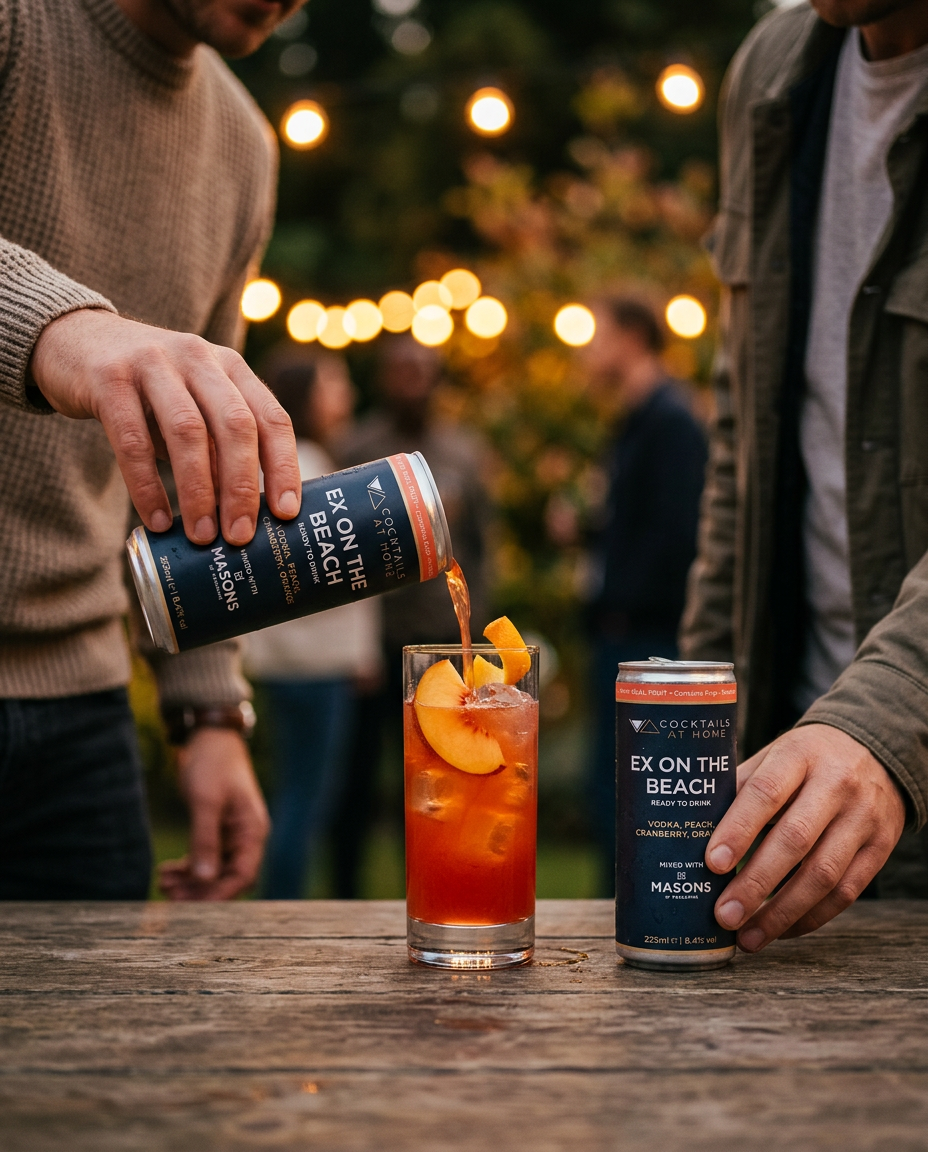 Ex on the Beach cocktail being poured from the can and served