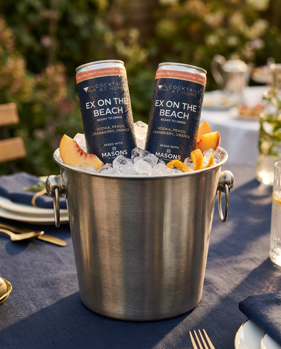 Two Ex on the Beach cocktail cans chilling in an ice bucket