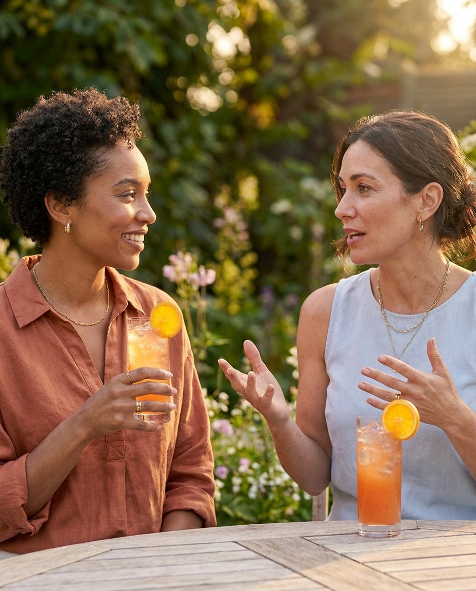 Two friends enjoying peach-orange cocktails in a garden